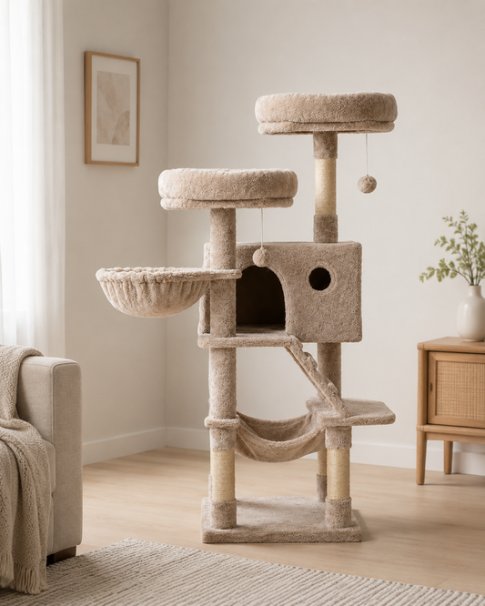 Kwispel-winkel | Kattenboom 135 cm met Kattenhuis, Hangmat en Sisal Krabpalen