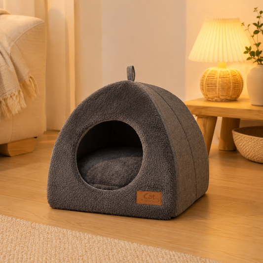 Kwispelwinkel | Warm Kattenhuis van Arctic Fleece met Handvat