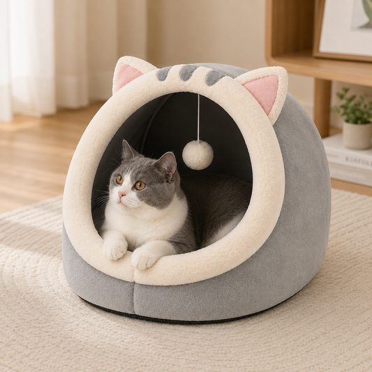 Kwispelwinkel | Halfgesloten Kattenbed met Oortjes en Afneembaar Kussen