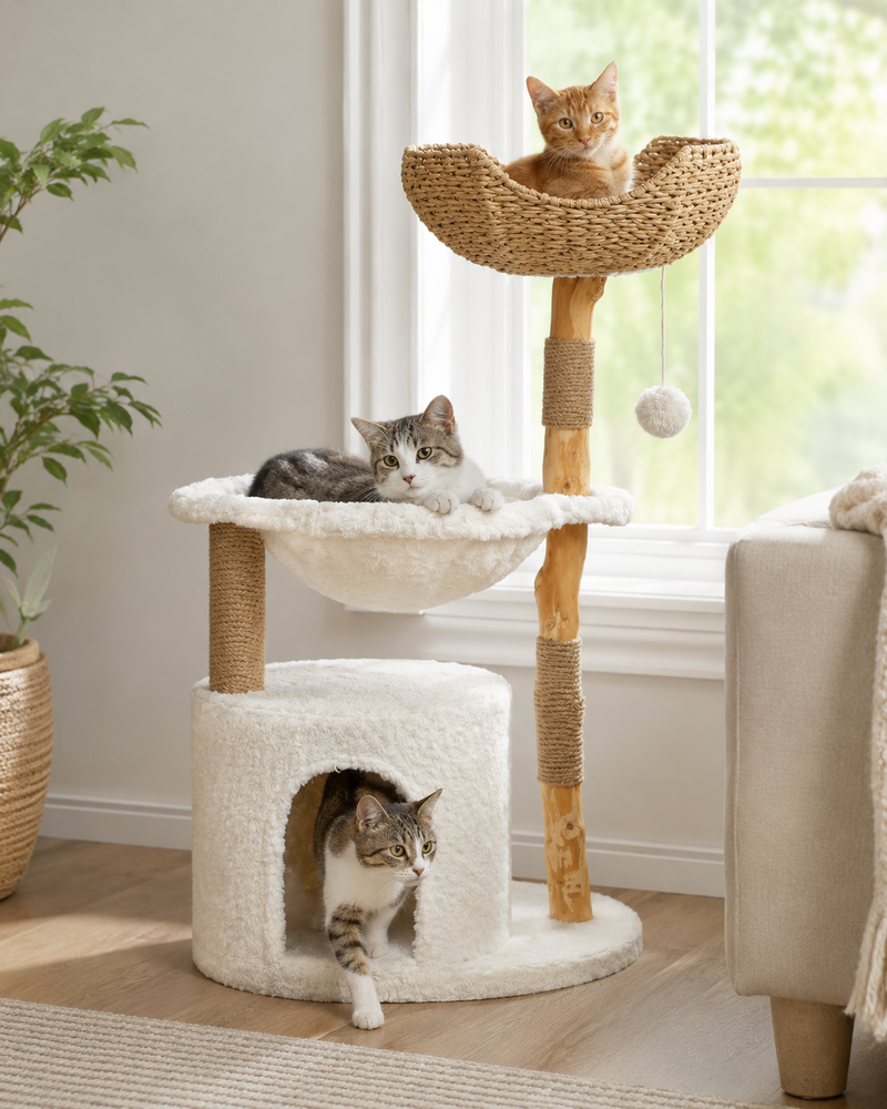 Kwispel-winkel | Moderne Kattenboom met Rotan Mand, Kattenhuis en Massief Houten Krabpalen