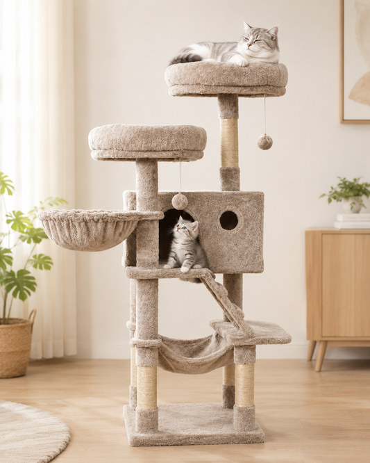 Kwispel-winkel | Kattenboom 135 cm met Kattenhuis, Hangmat en Sisal Krabpalen