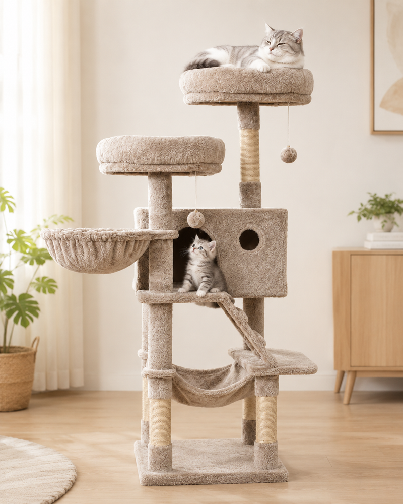 Kwispel-winkel | Kattenboom 135 cm met Kattenhuis, Hangmat en Sisal Krabpalen