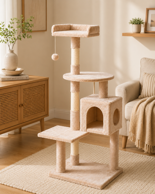 Kwispelwinkel | Kattenboom 112 cm met Kattenhuis, Platforms en Sisal Krabpalen